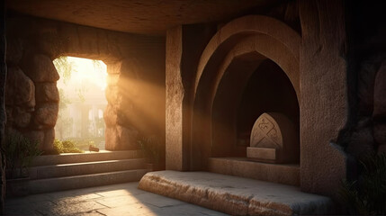 Illustration of an empty tomb, in allusion to the resurrection of Jesus Christ.