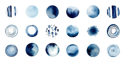 Set of abstract watercolor circles and splashes. Vector illustration. Blue and white colors. 