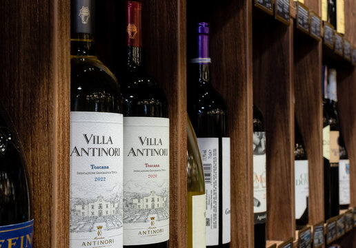 Bottles of Spain wine Villa Antinori close-up on wine shelf. Ukraine, Zhytomyr, May, 17, 2023