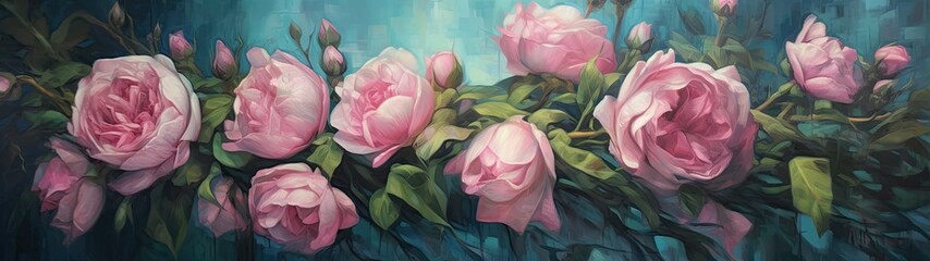 a bunch of beautiful roses with an etheriel essence, long horizontal background, 32:9 aspect ratio, rose garden, Floral-themed, horizontal format, photorealistic illustrations in a JPG. Generative ai