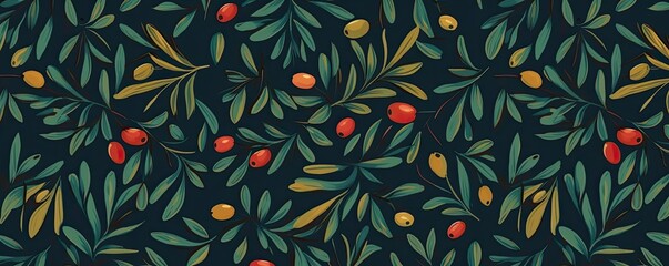 a horizontal coffee berries and leaves, graphic background pattern, Food-themed, photorealistic illustrations in a JPG. Generative AI