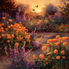Fototapeta na wymiar Sunset Garden Imagine a garden scene with warm hues reminiscent of a sunset. Bright orange and pink roses create a vivid display, while yellow and purple wildflowers add pops of color. Butterflies