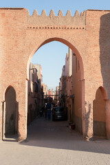 The moorish arch entrance wall to the Marrakech Medina in Morocco