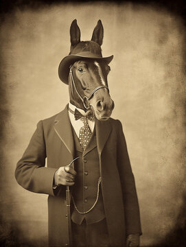 Antique Photo of a Horse Dressed as a Gentleman in a Suit and Top Hat | Generative AI