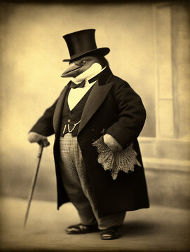 Antique Photo of a Penguin Dressed as a Gentleman in a Suit and Top Hat | Generative AI