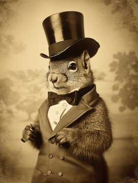Antique Photo of a Squirrel Dressed as a Gentleman in a Suit and Top Hat | Generative AI