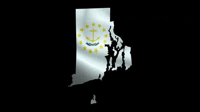 4K waving detailed textured flag of Rhode Island animation on the map. Loop alpha channel seamless Rhode Islander flag on territory. Outline geographic state border of Rhode Island stock video.
