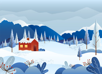 Winter landscape illustration. Rural house on the background of mountains, snow and trees. Flat vector illustration with gradients. For advertising flyers, design and decor, packaging, covers and