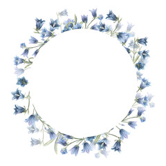 Hand painted watercolor circle wreath with drawn bluebells. Illustration for invitations, cards. isolated on white background