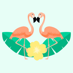 Background with two flamingos and leaves.
