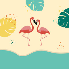 Summer background with beach, flamingos and tropical leaves.