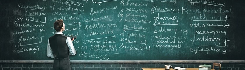 Generative AI banner of a teacher in a classroom in from of a blackboard - the concept of education