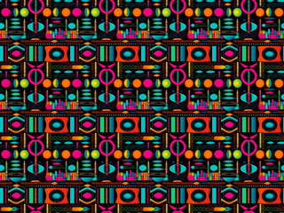 Seamless pattern background of lunar phases and the silhouette of the city very colorful with neon lights. Trendy wrapping paper modern and contemporary style. Ethnic print with fluorine colors.