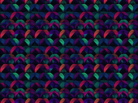Seamless pattern background of neon colored curved shapes. Trendy wrapping paper modern and contemporary style. Ai generated.
