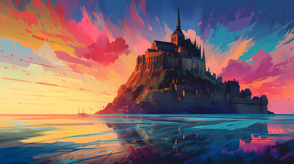 Illustration of beautiful view of Mont Saint-Michel, France - obrazy, fototapety, plakaty