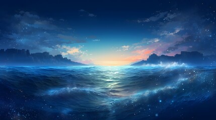 Fototapeta na wymiar ocean, The ocean stretched out before us endlessly, fantasy with, illustration design, glitter, twinkle, fantasy background, bright atmosphere, bright mood,