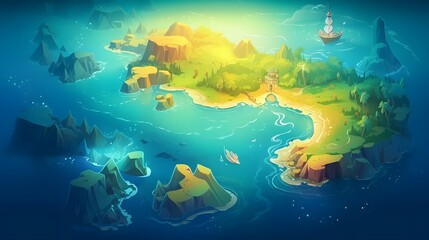 Fototapeta na wymiar map, The map revealed a hidden gem of a beach that we would have otherwise missed, fantasy with, illustration design, glitter, twinkle, fantasy background, bright atmosphere, bright mood,