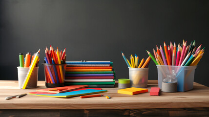 Desk with school supplies with a blackboard background with copy-space. Generative AI