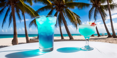 Fototapeta na wymiar A blue cocktail in a glass on a white table against the background of a sea beach on a bright sunny day under palm trees. Generative AI.