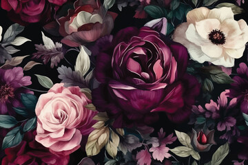 Fototapeta premium hand drawn seamless pattern of white and purple roses in black background