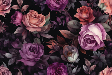 hand drawn seamless pattern of Pink and purple roses in black background