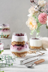 Homemade desserts with cherries and cream.