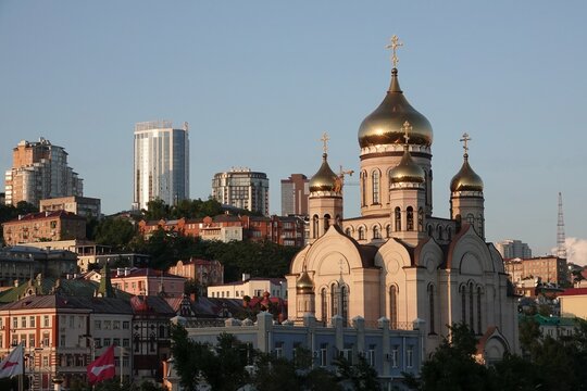View of the Transfiguration Cathedral of Vladivostok from the Golden Horn Bay
