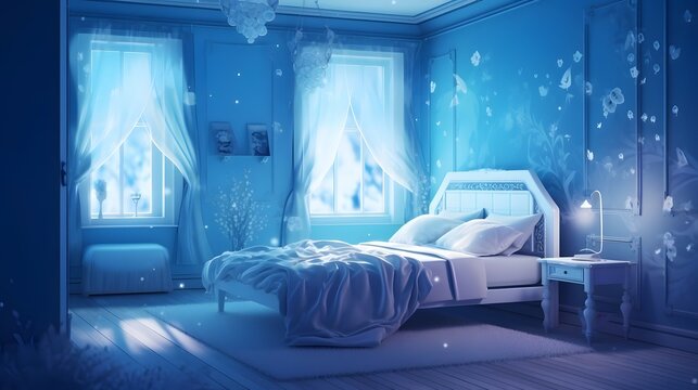 Bedroom, My Bedroom Is Decorated In Shades Of Blue, Fantasy With, Illustration Design, Glitter, Twinkle, Fantasy Background, Bright Atmosphere, Bright Mood,