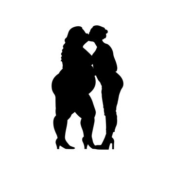 Vector illustration. Fat lgbt woman silhouette kiss. Partner.