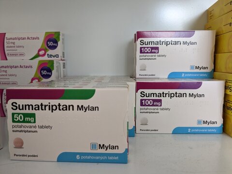 Prague,Czech republic&ndash;May 23 2023:Pharmacy store-Sumatriptan Mylan pills for treatment of migraine and  head aches, boxes of drugs laying on pharmacy shelves