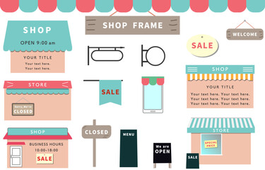 お店のフレームテンプレートセット　ベクターイラスト　看板　店情報　営業時間　白バック　透過背景