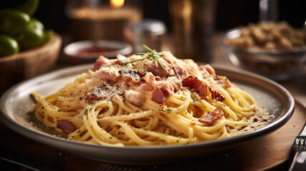 A plate of appetizing Italian food pasta carbonara on the table - obrazy, fototapety, plakaty