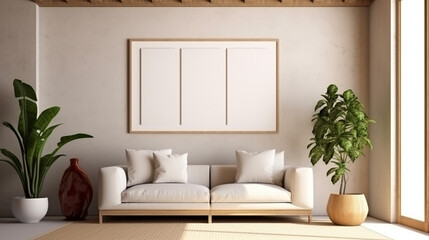 Interior and frame mockup with plant and couch. 3d rendering. Generative AI