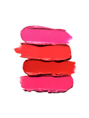 Red pink lipstick glossy texture, texture stroke isolated on white background. Cosmetic product...