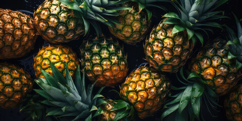 Creative fruit wallpaper with ripe little pineapples. Lots of tasty pineapples view from above. Top view of a bunch of tropical fruits. Horizontal banner. Generative AI professional photo imitation.