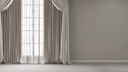 Three layers of cream side curtain, beige blackout drapery, white sheer fabric drape, blank gray wall, baseboard, sunlight from window on floor. Interior design decoration product, space background 3D