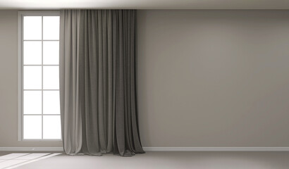 Three layers of black side curtain, gray blackout drapery, beige fabric drape, blank gray wall, baseboard, sunlight from window on floor. Interior design decoration product, space background 3D