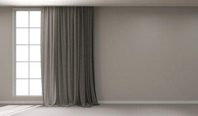 Fototapeta premium Three layers of black side curtain, gray blackout drapery, beige fabric drape, blank gray wall, baseboard, sunlight from window on floor. Interior design decoration product, space background 3D