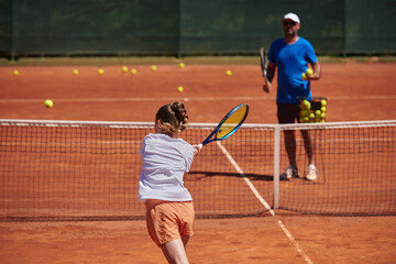 A professional tennis player and her coach training on a sunny day at the tennis court. Training...