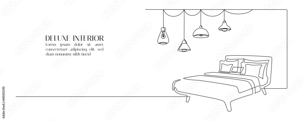 Aufkleber Double bed with loft lamp in continuous one line drawing. Scandinavian stylish furniture for cozy bedroom in simple linear style. Editable stroke. Doodle vector illustration