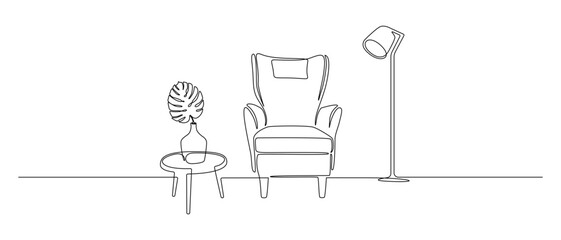 Home interior in one continuous line drawing. Modern furniture armchair and table and loft floor lamp in simple linear style. Editable stroke. Doodle vector illustration © Olga Rai
