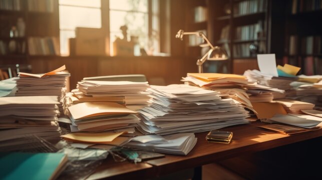 Close-up office desk with an organized stack of papers. Generative AI