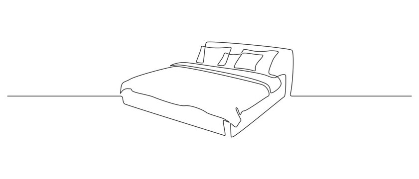 Double bed in continuous one line drawing. Scandinavian stylish furniture for cozy loft bedroom in simple linear style. Editable stroke. Doodle vector illustration