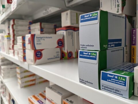 Prague,Czech Republic-August 7 2024: RAWEL box of medication with INDAPAMIDE active substance by SERVIER,used for treatment of hypertension,water retention