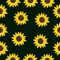 dark green seamless pattern with cute adorable vector sunflowers