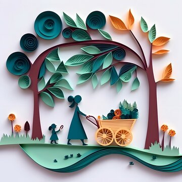 Paper Quilling, Mother Pushing Baby Stroller Through The Park