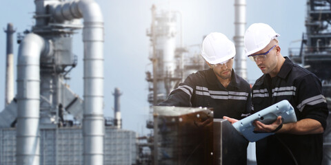 Double exposure of Engineer with oil refinery industry plant background, industrial view oil refining,Oil and gas refinery area.