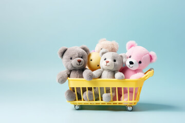 Cute soft plush toy bears in a miniature yellow shopping cart. Isolated on a pastel blue background with copy space. Creative banner for a toy store. Generative AI professional photo imitation.