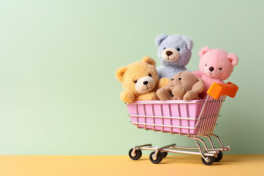 Cute soft plush toy bears in a miniature pink shopping cart. Isolated on a pastel green background with copy space. Creative banner for a toy store. Generative AI professional photo imitation.