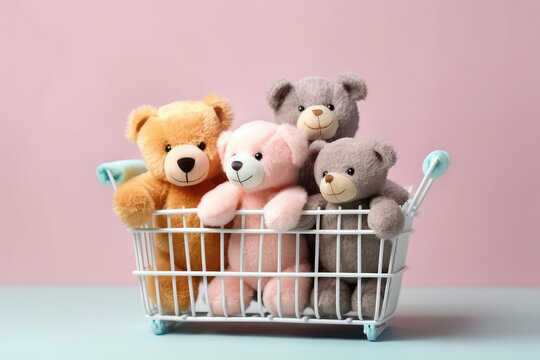Cute soft plush toy bears in a miniature shopping cart. Isolated on a pastel light color background with copy space. Creative banner for a toy store. Generative AI professional photo imitation.